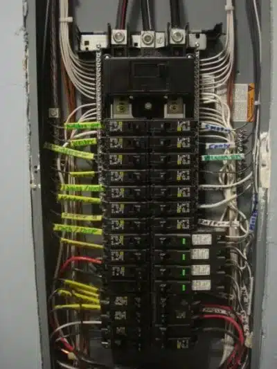 A meticulously wired breaker panel with labeled circuits, reflecting the safety and expertise trusted by Utah homeowners 24/7.