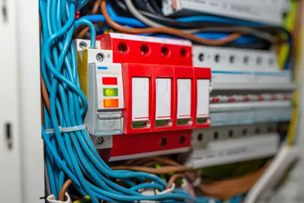 A well-organized electrical panel with four breakers and surge protection, showing Black Diamond Experts’ reliable, 24/7 safe service.