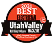 A round badge displays "2021 Best Electrician" from Utah Valley Magazine, honoring Black Diamond Experts’ trusted home services.