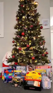 A festive Christmas tree with sparkling lights and ornaments stands behind gifts, reflecting a safe, comfortable home for your family.