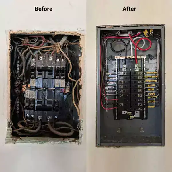 Side-by-side of an electrical panel before and after Black Diamond Experts’ upgrades—messy wires left, safe and tidy wiring right.