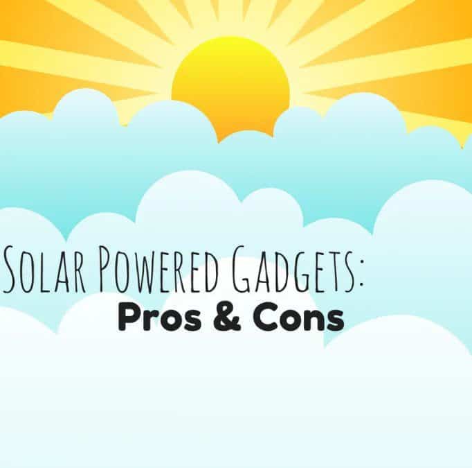 Illustration of a sunrise above blue clouds, symbolizing 24/7 expert service, with "Solar Powered Gadgets: Pros & Cons" in bold text.