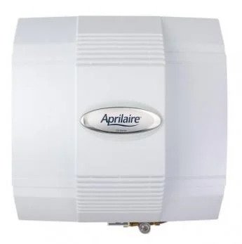 Front view of a white Aprilaire humidifier with a silver logo—trust Black Diamond Experts for 24/7 home comfort and safety.