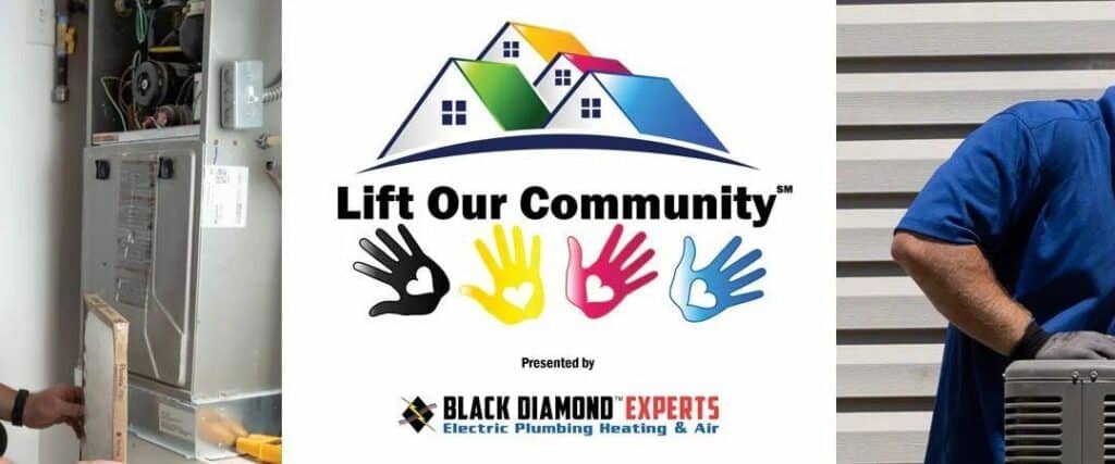 Logo with colorful hands and homes above “Lift Our Community,” by Black Diamond Experts, trusted 24/7 for plumbing, HVAC, and electrical care.
