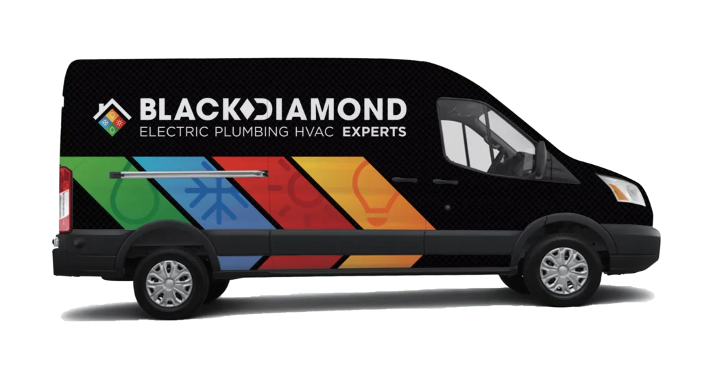 A Black Diamond Experts van displays their trusted logo and colorful icons for plumbing, HVAC, electrical, and 24/7 emergency service.