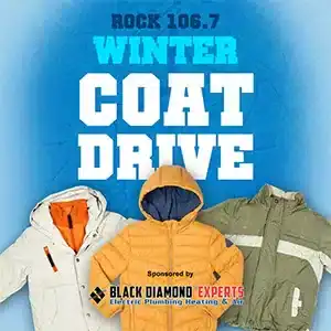 Three winter coats displayed beneath Rock 106.7 Winter Coat Drive text, sponsored by trusted, 24/7 Utah home experts Black Diamond.